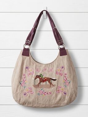 Faux Suede Embroidered Derby Horse & Floral Hobo Shoulder Bag Equestrian Style